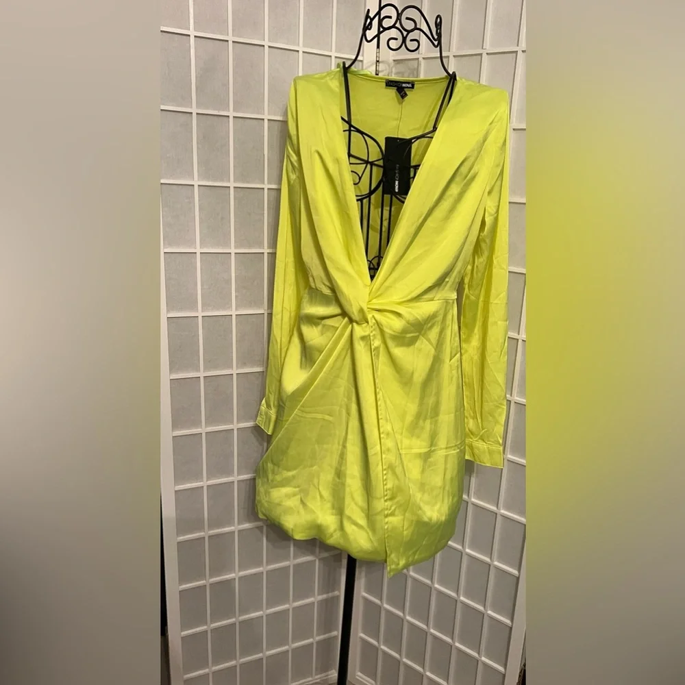FASHION NOVA Sugar Free Dress Satin Neon Yellow NWT - Picture 10 of 14